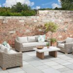 Outdoor. Furniture. Garden. Three. Seater. Sofa. Seating. Wicker. Aluminium. Weatherproof. Rustproof. Durable. Comfortable. Cushion. Olefin. Fabric. Acacia. Wood. Eco-friendly. Wood. Resilient. Wicker. Resistant. Beige.