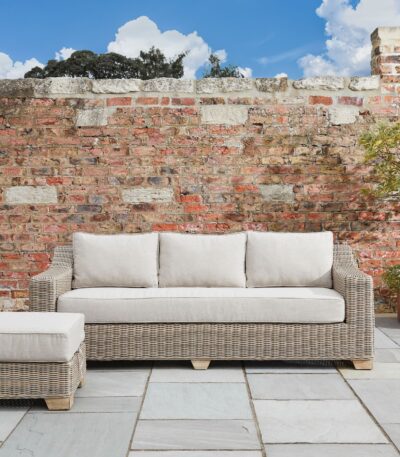 Outdoor. Furniture. Garden. Three. Seater. Sofa. Seating. Wicker. Aluminium. Weatherproof. Rustproof. Durable. Comfortable. Cushion. Olefin. Fabric. Acacia. Wood. Eco-friendly. Wood. Resilient. Wicker. Resistant. Beige.