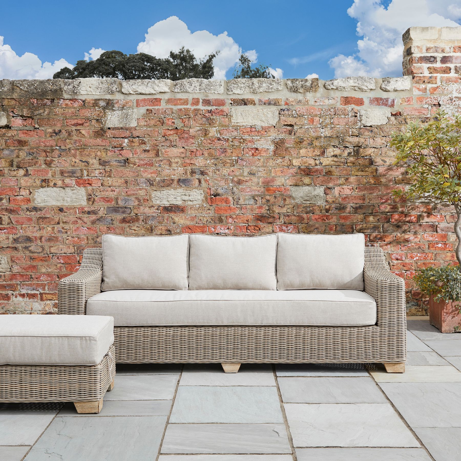 Azure Outdoor Three Seater Sofa Outdoor. Furniture. Garden. Three. Seater. Sofa. Seating. Wicker. Aluminium. Weatherproof. Rustproof. Durable. Comfortable. Cushion. Olefin. Fabric. Acacia. Wood. Eco-friendly. Wood. Resilient. Wicker. Resistant. Beige.