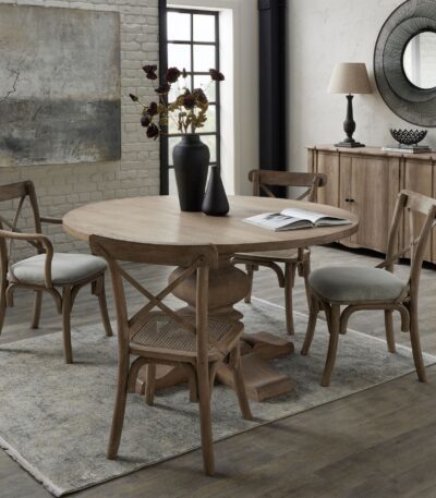 Dining. Chair. Seating. Table. Furniture. Wood. French. Brown. Oak. Cross Back. Design. Armrests. Handcrafted. Handmade. Classic. Versatile. Home. Decor. Living. Kitchen. Room.