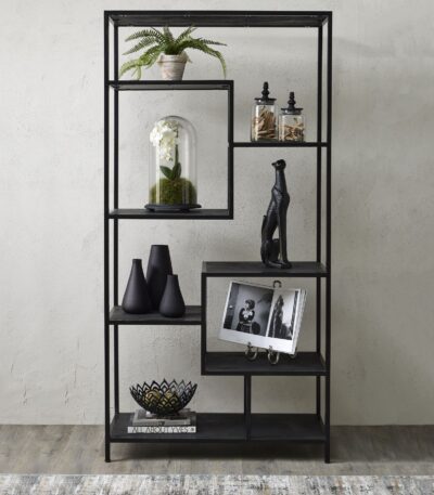 Shelf. Shelving. Unit. Display. Storage. Metal. Black. Industrial. Modern. Design. Functional. Minimalist. Statement. Decor. Urban. Living. Hallway. Dining. Bedroom. Room. Home. Furniture.