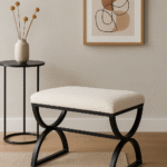 Boucle. Footstool. Stool. White. Black. Matte. Texture. Chair. Seating. Luxury. Plush. Chic. Home. Decor. Furniture. Living. Dining. Bedroom. Room. Comfort. Upholstery. Design. Versatile.