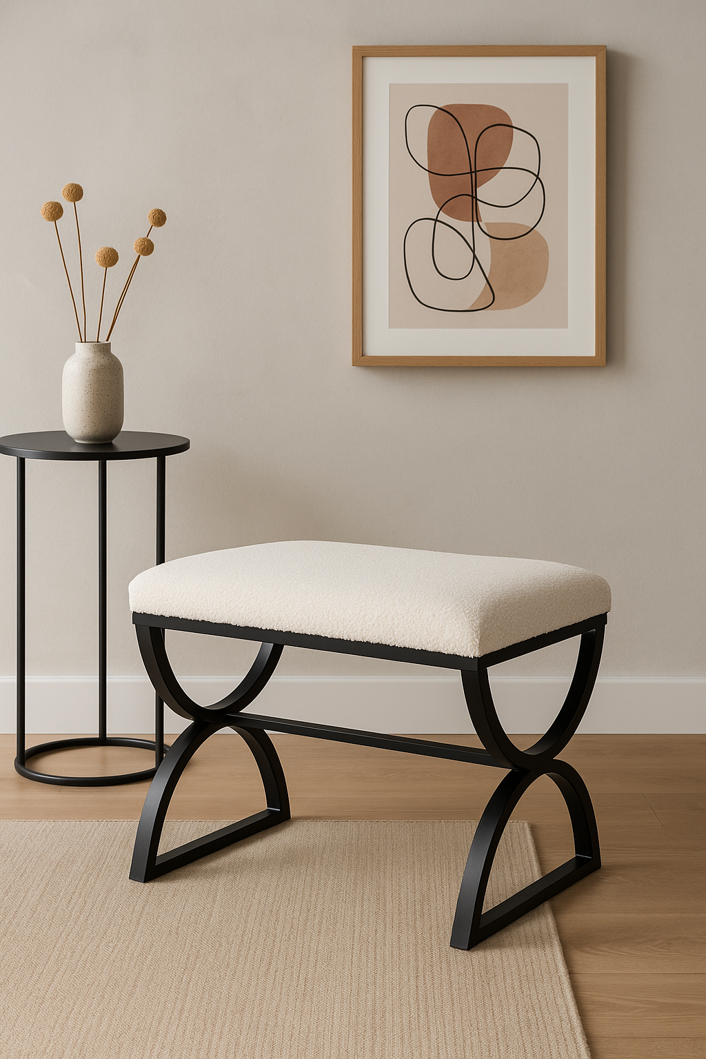 Artic Boucle Footstool Boucle. Footstool. Stool. White. Black. Matte. Texture. Chair. Seating. Luxury. Plush. Chic. Home. Decor. Furniture. Living. Dining. Bedroom. Room. Comfort. Upholstery. Design. Versatile.