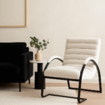 Boucle. Lounge. Chair. White. Black. Matte. Texture. Chair. Seating. Luxury. Plush. Chic. Home. Decor. Furniture. Living. Dining. Bedroom. Room. Comfort. Upholstery. Design. Versatile.