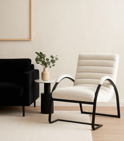 Boucle. Lounge. Chair. White. Black. Matte. Texture. Chair. Seating. Luxury. Plush. Chic. Home. Decor. Furniture. Living. Dining. Bedroom. Room. Comfort. Upholstery. Design. Versatile.