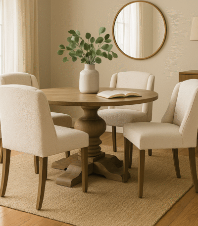 Dining. Chair. Seating. Cream. Bone. Brown. Upholstery. Furniture. Home. Living. Kitchen. Room. Decor. Timeless. Neutral. Comfort. Natural. Boucle