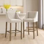 Grey. Barstool. Stool. Chair. Seating. Furniture. Brown. Grey. Cushioned. Traditional. Chic. Timeless. Bar. Kitchen. Dining. Room. Living. Home. Decor.