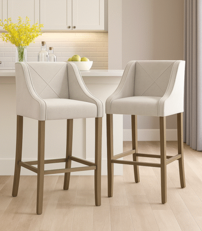 Grey. Barstool. Stool. Chair. Seating. Furniture. Brown. Grey. Cushioned. Traditional. Chic. Timeless. Bar. Kitchen. Dining. Room. Living. Home. Decor.