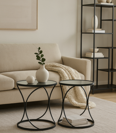 Black. Mirror. Curve. Design. Metal. Glass. Set. Two. Modern. Sleek. Side. Table. End. Home. Decor. Frame. Sleek. Versatile. Hallway. Bedroom. Living. Room. Chic. Style. Design.