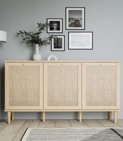 Beige. Oak. Rattan. 3 Door. Sideboard. Furniture. Storage. Shelf. Soft Close. Spacious. Timeless. Design. Home. Bedroom. Hallway. Living. Decor. Interior. Versatile. Quality. Functionality. Cabinet.