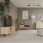 Oak. Rattan. Media. Unit. Cabinet. Furniture. Home. Office. Bedroom. Living. Room. Storage. Shelf. Space. Design. Neutral. Contemporary. Soft Close. Doors. Cable. Access. Versatile. Durable. Timeless. Modern. Display. Two Doors. Table.