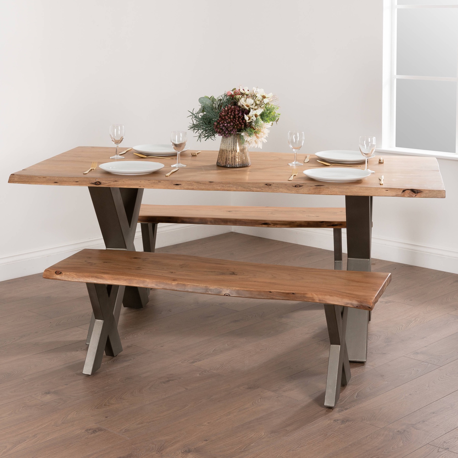 Rustic. Dining. Bench. Seating. Indian. Acacia. Wood. Brown. Metal. Grey. Kitchen. Living. Room. Decor. Cross Legs. Design. Classic. Handmade. Table. Handcrafted. Furniture. Versatile. Timeless.