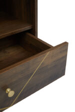 Talia Shelf Unit. Mid century shelf unit. Wooden shelf unit. Geometric shelving. Hairpin leg furniture. Modern storage unit. Contemporary shelving. Wood veneer furniture. Living room shelf. Home office storage. Decorative shelving unit. Three shelf unit. Drawer storage shelf. Warm metallic legs. Modern organiser.