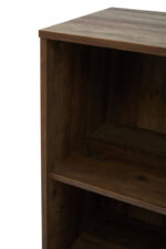 Talia Shelf Unit. Mid century shelf unit. Wooden shelf unit. Geometric shelving. Hairpin leg furniture. Modern storage unit. Contemporary shelving. Wood veneer furniture. Living room shelf. Home office storage. Decorative shelving unit. Three shelf unit. Drawer storage shelf. Warm metallic legs. Modern organiser.