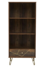 Talia Shelf Unit. Mid century shelf unit. Wooden shelf unit. Geometric shelving. Hairpin leg furniture. Modern storage unit. Contemporary shelving. Wood veneer furniture. Living room shelf. Home office storage. Decorative shelving unit. Three shelf unit. Drawer storage shelf. Warm metallic legs. Modern organiser.