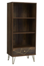 Talia Shelf Unit. Mid century shelf unit. Wooden shelf unit. Geometric shelving. Hairpin leg furniture. Modern storage unit. Contemporary shelving. Wood veneer furniture. Living room shelf. Home office storage. Decorative shelving unit. Three shelf unit. Drawer storage shelf. Warm metallic legs. Modern organiser.