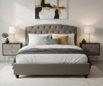Adelaide Velvet Double Bed. Velvet double bed. Grey velvet bed. Tufted velvet headboard. Diamond tufted bed. Studded headboard bed. Arched headboard bed. Luxury double bed. Grey bedroom furniture. Modern velvet bed. Boutique style bed. Elegant upholstered bed.