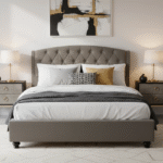 Adelaide Velvet Double Bed. Velvet double bed. Grey velvet bed. Tufted velvet headboard. Diamond tufted bed. Studded headboard bed. Arched headboard bed. Luxury double bed. Grey bedroom furniture. Modern velvet bed. Boutique style bed. Elegant upholstered bed.