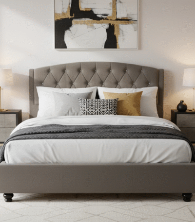 Adelaide Velvet Double Bed. Velvet double bed. Grey velvet bed. Tufted velvet headboard. Diamond tufted bed. Studded headboard bed. Arched headboard bed. Luxury double bed. Grey bedroom furniture. Modern velvet bed. Boutique style bed. Elegant upholstered bed.
