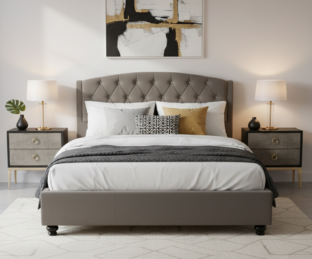Adelaide Dark Grey Velvet Double Bed Adelaide Velvet Double Bed. Velvet double bed. Grey velvet bed. Tufted velvet headboard. Diamond tufted bed. Studded headboard bed. Arched headboard bed. Luxury double bed. Grey bedroom furniture. Modern velvet bed. Boutique style bed. Elegant upholstered bed.