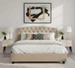 Adelaide Beige King Size Bed. Arched headboard. Hopsack fabric upholstery. Diamond tufted. Stud detail. Renewable pine wood frame. Luxe. Bedroom. Furniture. Home decor. King size bed. Elegant. Sophisticated. Statement piece. Comfortable. Stylish. Durable.