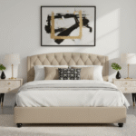 Adelaide Beige King Size Bed. Arched headboard. Hopsack fabric upholstery. Diamond tufted. Stud detail. Renewable pine wood frame. Luxe. Bedroom. Furniture. Home decor. King size bed. Elegant. Sophisticated. Statement piece. Comfortable. Stylish. Durable.