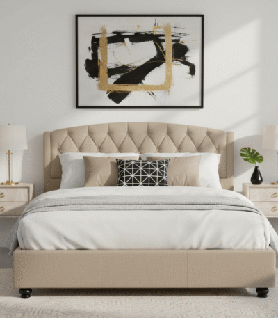 Adelaide Beige King Size Bed. Arched headboard. Hopsack fabric upholstery. Diamond tufted. Stud detail. Renewable pine wood frame. Luxe. Bedroom. Furniture. Home decor. King size bed. Elegant. Sophisticated. Statement piece. Comfortable. Stylish. Durable.