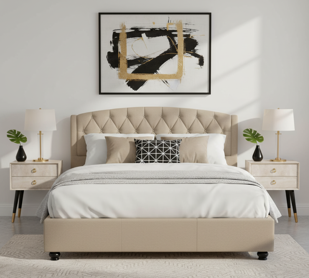 Adelaide Beige King Size Bed. Arched headboard. Hopsack fabric upholstery. Diamond tufted. Stud detail. Renewable pine wood frame. Luxe. Bedroom. Furniture. Home decor. King size bed. Elegant. Sophisticated. Statement piece. Comfortable. Stylish. Durable.