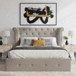 Hudson King Size Grey Velvet Ottoman Bed. Brushed velvet upholstered head slat. Diamond pattern tufting. Elegant visual appeal. Rolled top. Wingback style. Renewable pinewood frame. Long-lasting durability. Padding across all sides. Aesthetically pleasing look. Natural wood frame. Brushed velvet upholstery. Luxe design. Button tufted headboard. Wingback style roll sides. Bed. Bedroom. Furniture. Home. Storage. Durable. Stylish. Comfortable. Functional. High-quality materials. Practical. Sophisticated. Modern classic. Statement piece.