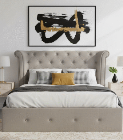 Hudson King Size Grey Velvet Ottoman Bed. Brushed velvet upholstered head slat. Diamond pattern tufting. Elegant visual appeal. Rolled top. Wingback style. Renewable pinewood frame. Long-lasting durability. Padding across all sides. Aesthetically pleasing look. Natural wood frame. Brushed velvet upholstery. Luxe design. Button tufted headboard. Wingback style roll sides. Bed. Bedroom. Furniture. Home. Storage. Durable. Stylish. Comfortable. Functional. High-quality materials. Practical. Sophisticated. Modern classic. Statement piece.