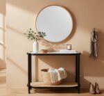 Elm wood. Console table. Modern minimalism. Black finish. Clean lines. Rounded corners. Clear glass top. Lower shelf. Natural cane. Open weave. Sustainable frame. Natural rattan. Organic simplicity. Mid-century modern. Stylish. Functional. Living room. Hallway. Entryway. Durable. Elegant design. Furniture. Home. Display.