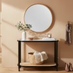 Elm wood. Console table. Modern minimalism. Black finish. Clean lines. Rounded corners. Clear glass top. Lower shelf. Natural cane. Open weave. Sustainable frame. Natural rattan. Organic simplicity. Mid-century modern. Stylish. Functional. Living room. Hallway. Entryway. Durable. Elegant design. Furniture. Home. Display.