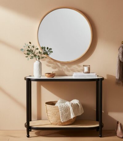 Elm wood. Console table. Modern minimalism. Black finish. Clean lines. Rounded corners. Clear glass top. Lower shelf. Natural cane. Open weave. Sustainable frame. Natural rattan. Organic simplicity. Mid-century modern. Stylish. Functional. Living room. Hallway. Entryway. Durable. Elegant design. Furniture. Home. Display.