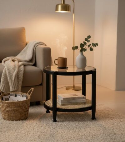 Manila Side Table. Modern minimalism. Black elm wood frame. Clean lines. Rounded corners. Clear glass top. Natural cane open weave. Organic appeal. Sustainable frame. Natural rattan weave. Organic simplicity. Mid-century modern. Stylish. Functional. Living room. Hallway. Bedroom. Durable. Elegant design.