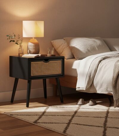 Sustainable elm wood frame. Natural rattan weave. Angular legs. Organic simplicity. Black finish. Storage drawer. Timeless aesthetic. Stylish. Functional. Living room. Bedroom. Hallway. Durable. Elegant design.