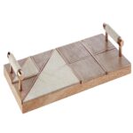 White and Copper Tray. Sustainable mango wood. White marble top. Geometric design. Genuine cowhide. Copper finish. Durable. Stylish. Functional. Living room. Dining room. Kitchen. Centerpiece. Home decor. Contemporary. Modern. Rustic. Luxurious. Handcrafted. Unique variations. Elegant design. Tactile finish. Robust construction. Accessories.