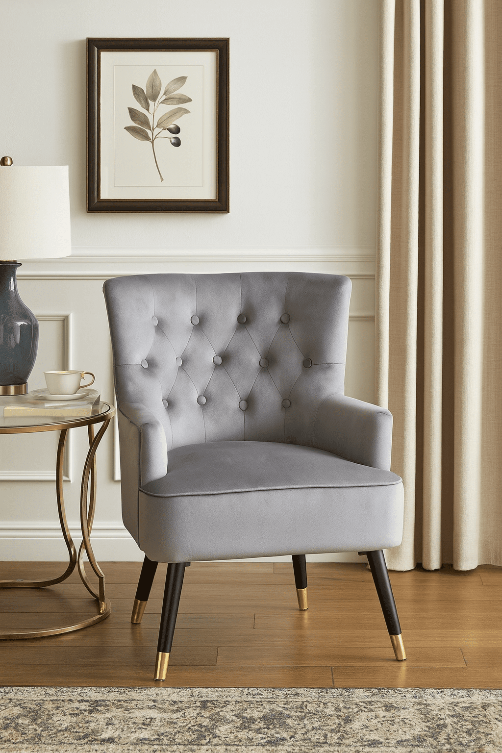 Mira Grey Velvet Tufted Chair Tufted grey upholstery. Luxe chairs. Contemporary design. Plush cushioning. Boutique style. Gold finish tipped feet. Living room. Furniture. Home decor. Seating. Statement piece. Elegant. Comfortable. Stylish. Durable. High-quality materials. Modern classic. Sophisticated. Black legs. Gold tips. Unique design. Versatile. Timeless. Eye-catching. Velvet. Mira.