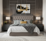 Olivia Dark Grey Velvet Double Ottoman Bed. Stud detail headboard. Ottoman bed. Clean-lined design. Elegant design. Plush velvet upholstery. Luxurious tactile feel. Natural wood frame. Tufted tall headboard. Stud and button detail. Contemporary luxe design. Stylish. Sophisticated. Durable. Practical. Storage space. Modern aesthetic. Easy assembly. Sturdy construction. Timeless design. Neutral colour palette. Fine craftsmanship. Luxurious materials. Bedroom. Furniture. Home decor.