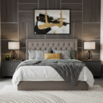 Olivia Dark Grey Velvet Double Ottoman Bed. Stud detail headboard. Ottoman bed. Clean-lined design. Elegant design. Plush velvet upholstery. Luxurious tactile feel. Natural wood frame. Tufted tall headboard. Stud and button detail. Contemporary luxe design. Stylish. Sophisticated. Durable. Practical. Storage space. Modern aesthetic. Easy assembly. Sturdy construction. Timeless design. Neutral colour palette. Fine craftsmanship. Luxurious materials. Bedroom. Furniture. Home decor.