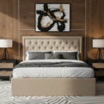 Olivia Linen Double Ottoman Bed. Beige linen fabric. Stud detail tufted headboard. Button and stud detail. Contemporary luxe design. Renewable pine wood frame. Ottoman bed. Bedroom. Furniture. Home. Bed. Storage.