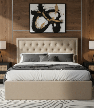 Olivia Linen Double Ottoman Bed. Beige linen fabric. Stud detail tufted headboard. Button and stud detail. Contemporary luxe design. Renewable pine wood frame. Ottoman bed. Bedroom. Furniture. Home. Bed. Storage.