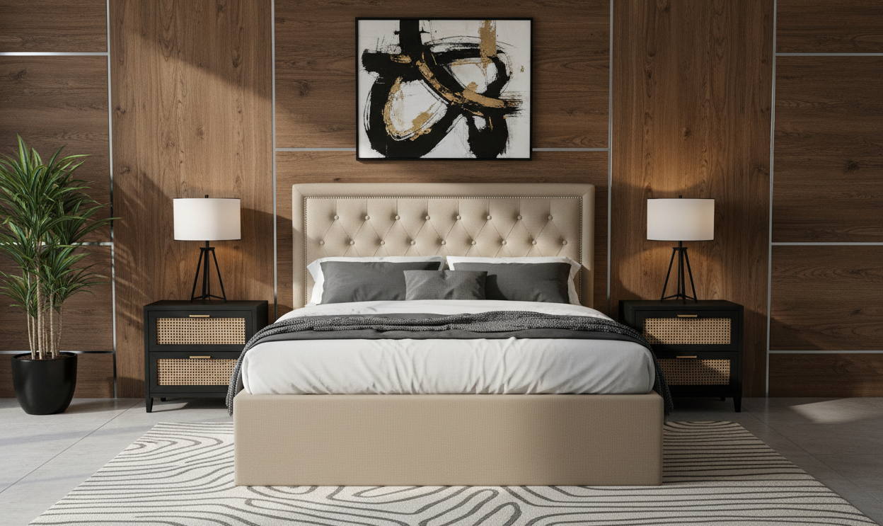 Olivia Linen Double Ottoman Bed Olivia Linen Double Ottoman Bed. Beige linen fabric. Stud detail tufted headboard. Button and stud detail. Contemporary luxe design. Renewable pine wood frame. Ottoman bed. Bedroom. Furniture. Home. Bed. Storage.