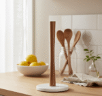 Acacia wood. Marble base. Kitchen roll holder. Rustic charm. Sturdy. Round base. Durable. Stylish. Functional. Kitchen accessory. Natural materials. Modern kitchen. Traditional kitchen. Elegant design. Countertop accessory. Easy to clean. Compact size. Sophisticated. Polished finish. Stable. Kitchen. Accessories. Home