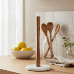 Acacia wood. Marble base. Kitchen roll holder. Rustic charm. Sturdy. Round base. Durable. Stylish. Functional. Kitchen accessory. Natural materials. Modern kitchen. Traditional kitchen. Elegant design. Countertop accessory. Easy to clean. Compact size. Sophisticated. Polished finish. Stable. Kitchen. Accessories. Home