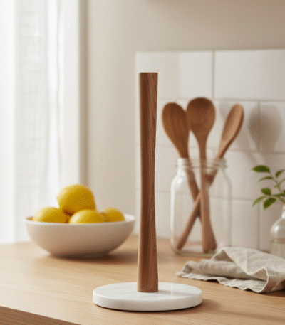 Acacia wood. Marble base. Kitchen roll holder. Rustic charm. Sturdy. Round base. Durable. Stylish. Functional. Kitchen accessory. Natural materials. Modern kitchen. Traditional kitchen. Elegant design. Countertop accessory. Easy to clean. Compact size. Sophisticated. Polished finish. Stable. Kitchen. Accessories. Home