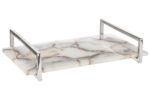 White resin tray. Agate stone. Polished finish. Steel handles. Gold accents. Handcrafted. Unique variations. Sophisticated. Durable. Functional. Stylish. Living room. Dining room. Kitchen. Centerpiece. Home decor. Luxurious. Contemporary. Timeless. Easy to clean. Art piece. Home decor. Accessories.