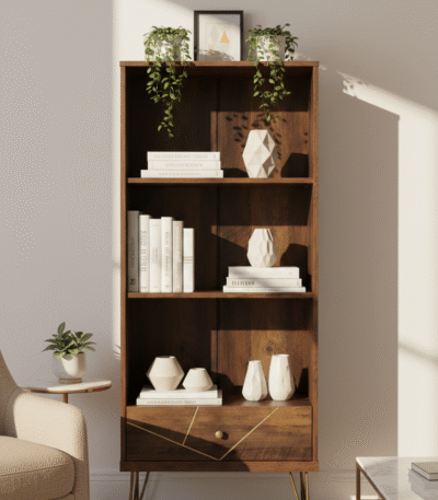 Talia Shelf Unit. Mid century shelf unit. Wooden shelf unit. Geometric shelving. Hairpin leg furniture. Modern storage unit. Contemporary shelving. Wood veneer furniture. Living room shelf. Home office storage. Decorative shelving unit. Three shelf unit. Drawer storage shelf. Warm metallic legs. Modern organiser.