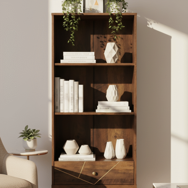 Talia Shelf Unit. Mid century shelf unit. Wooden shelf unit. Geometric shelving. Hairpin leg furniture. Modern storage unit. Contemporary shelving. Wood veneer furniture. Living room shelf. Home office storage. Decorative shelving unit. Three shelf unit. Drawer storage shelf. Warm metallic legs. Modern organiser.