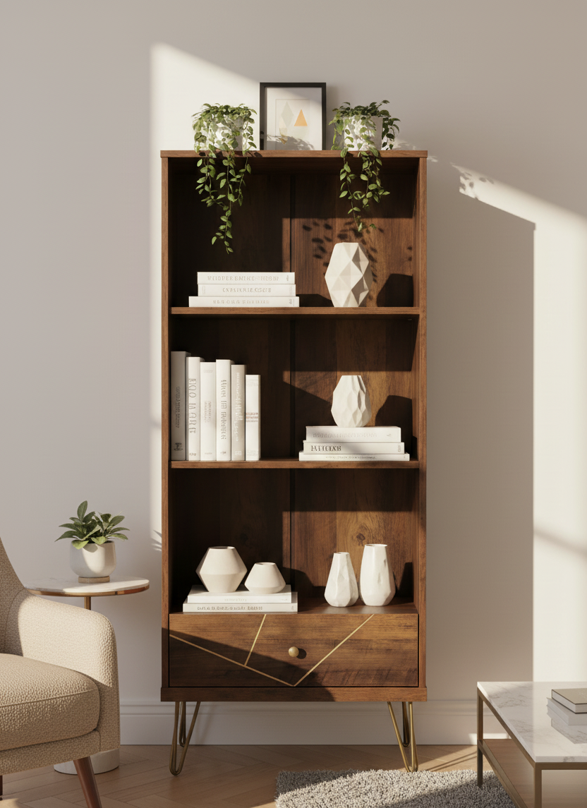 Talia Shelf Unit Talia Shelf Unit. Mid century shelf unit. Wooden shelf unit. Geometric shelving. Hairpin leg furniture. Modern storage unit. Contemporary shelving. Wood veneer furniture. Living room shelf. Home office storage. Decorative shelving unit. Three shelf unit. Drawer storage shelf. Warm metallic legs. Modern organiser.