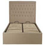 Olivia Linen Double Ottoman Bed. Beige linen fabric. Stud detail tufted headboard. Button and stud detail. Contemporary luxe design. Renewable pine wood frame. Ottoman bed. Bedroom. Furniture. Home. Bed. Storage.